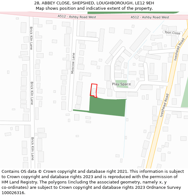 28, ABBEY CLOSE, SHEPSHED, LOUGHBOROUGH, LE12 9EH: Location map and indicative extent of plot