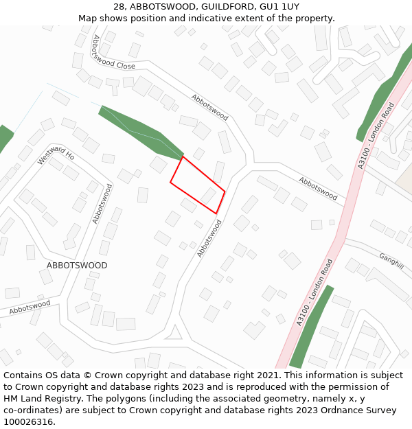 28, ABBOTSWOOD, GUILDFORD, GU1 1UY: Location map and indicative extent of plot