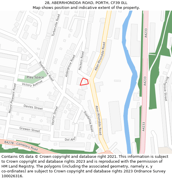 28, ABERRHONDDA ROAD, PORTH, CF39 0LL: Location map and indicative extent of plot