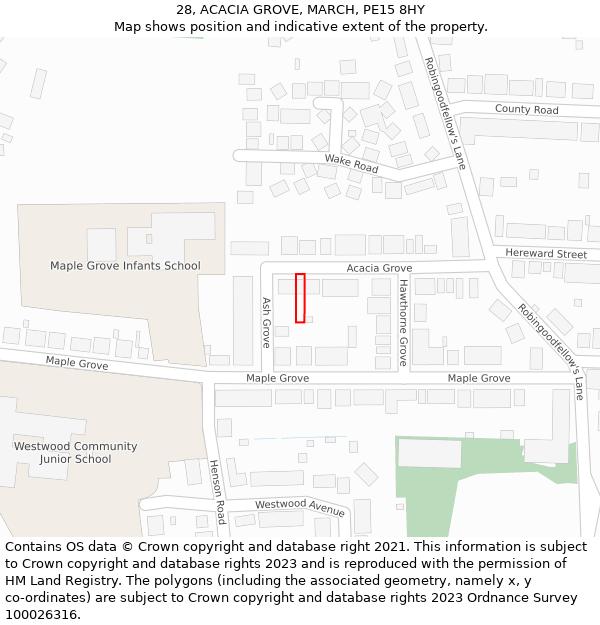 28, ACACIA GROVE, MARCH, PE15 8HY: Location map and indicative extent of plot