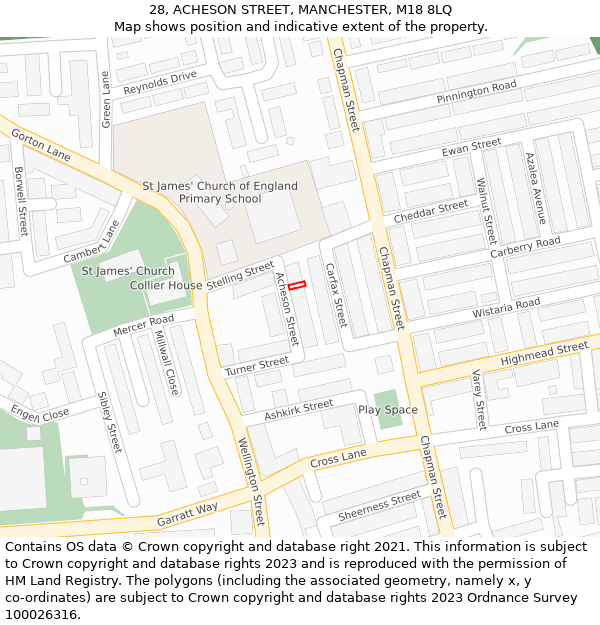 28, ACHESON STREET, MANCHESTER, M18 8LQ: Location map and indicative extent of plot