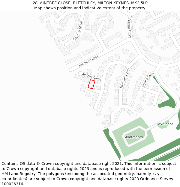 28, AINTREE CLOSE, BLETCHLEY, MILTON KEYNES, MK3 5LP: Location map and indicative extent of plot