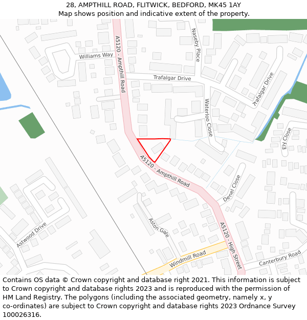 28, AMPTHILL ROAD, FLITWICK, BEDFORD, MK45 1AY: Location map and indicative extent of plot