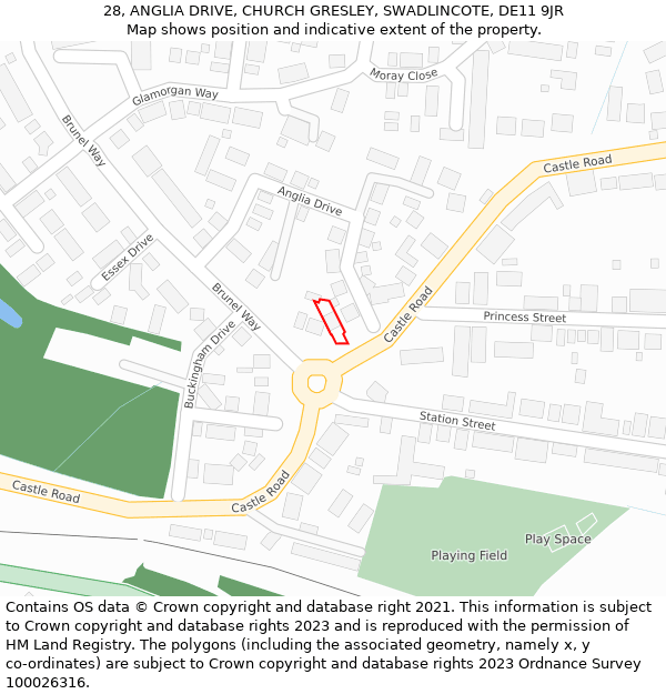 28, ANGLIA DRIVE, CHURCH GRESLEY, SWADLINCOTE, DE11 9JR: Location map and indicative extent of plot