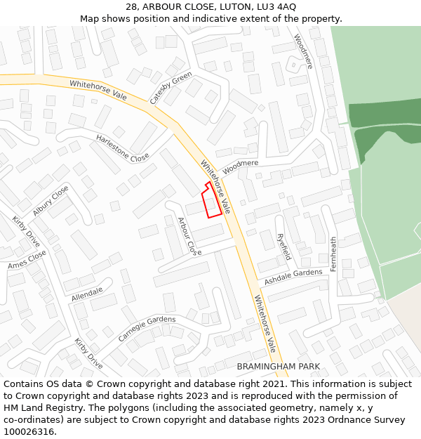 28, ARBOUR CLOSE, LUTON, LU3 4AQ: Location map and indicative extent of plot