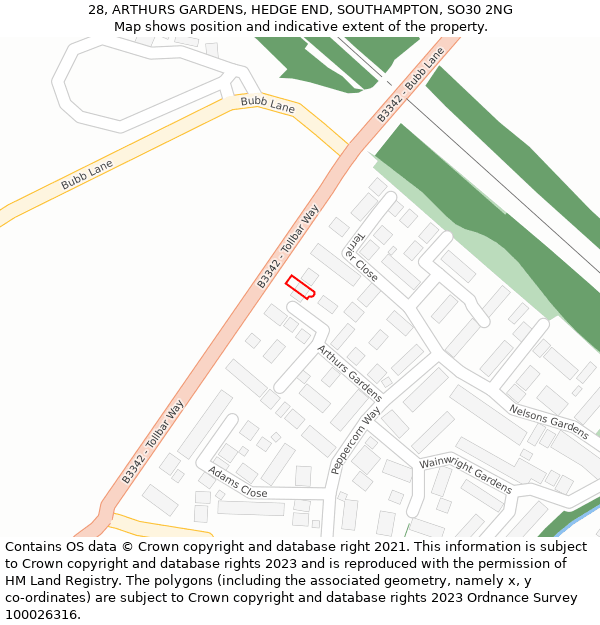 28, ARTHURS GARDENS, HEDGE END, SOUTHAMPTON, SO30 2NG: Location map and indicative extent of plot