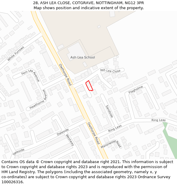 28, ASH LEA CLOSE, COTGRAVE, NOTTINGHAM, NG12 3PR: Location map and indicative extent of plot