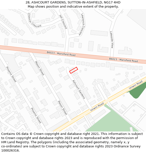 28, ASHCOURT GARDENS, SUTTON-IN-ASHFIELD, NG17 4HD: Location map and indicative extent of plot