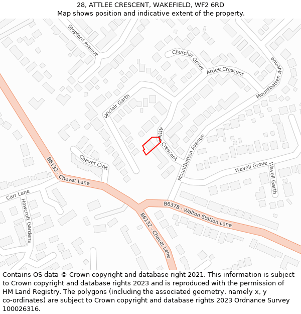 28, ATTLEE CRESCENT, WAKEFIELD, WF2 6RD: Location map and indicative extent of plot