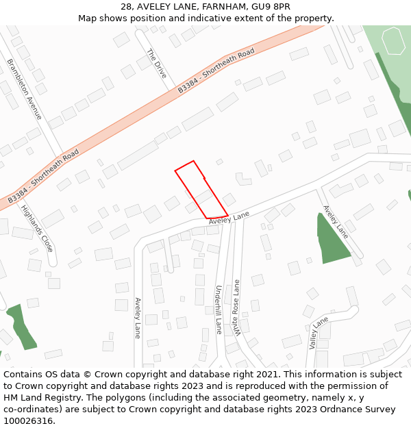 28, AVELEY LANE, FARNHAM, GU9 8PR: Location map and indicative extent of plot
