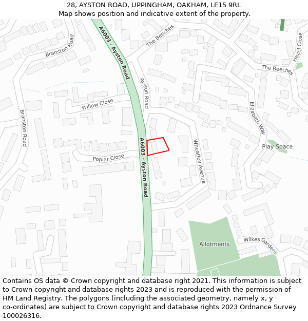 28, AYSTON ROAD, UPPINGHAM, OAKHAM, LE15 9RL: Location map and indicative extent of plot