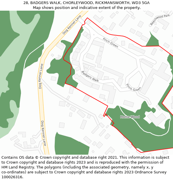 28, BADGERS WALK, CHORLEYWOOD, RICKMANSWORTH, WD3 5GA: Location map and indicative extent of plot