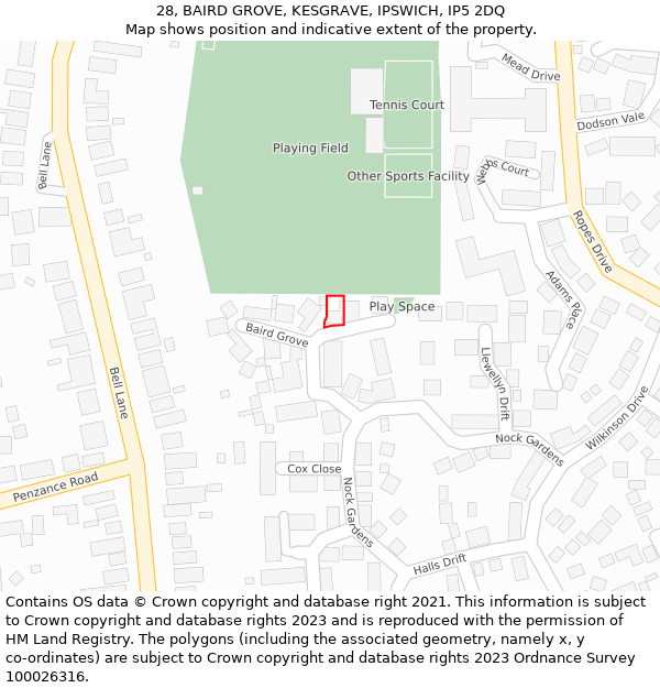 28, BAIRD GROVE, KESGRAVE, IPSWICH, IP5 2DQ: Location map and indicative extent of plot