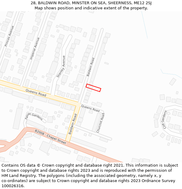 28, BALDWIN ROAD, MINSTER ON SEA, SHEERNESS, ME12 2SJ: Location map and indicative extent of plot