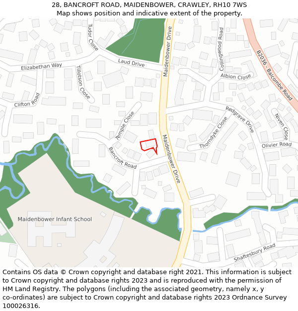 28, BANCROFT ROAD, MAIDENBOWER, CRAWLEY, RH10 7WS: Location map and indicative extent of plot