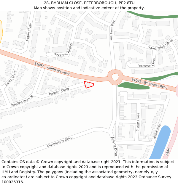 28, BARHAM CLOSE, PETERBOROUGH, PE2 8TU: Location map and indicative extent of plot