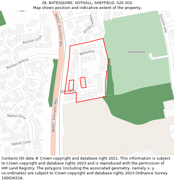 28, BATESQUIRE, SOTHALL, SHEFFIELD, S20 2GS: Location map and indicative extent of plot