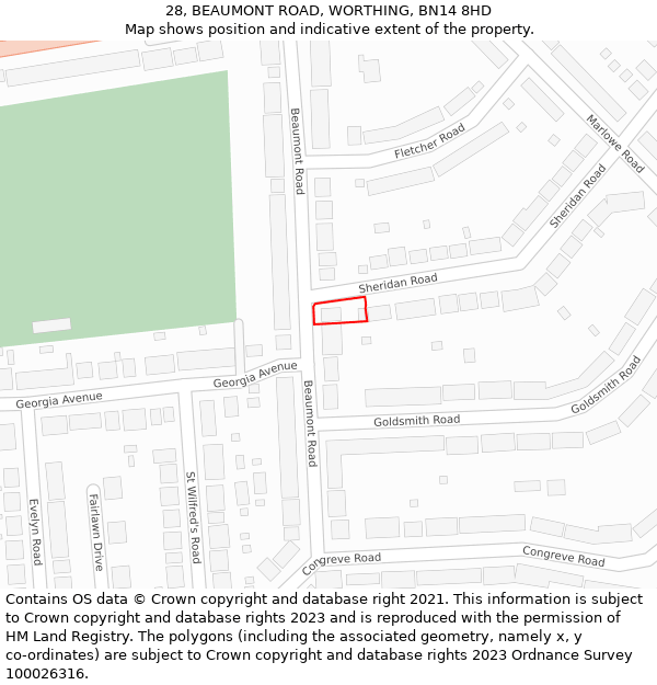 28, BEAUMONT ROAD, WORTHING, BN14 8HD: Location map and indicative extent of plot