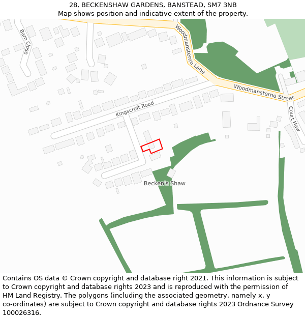 28, BECKENSHAW GARDENS, BANSTEAD, SM7 3NB: Location map and indicative extent of plot