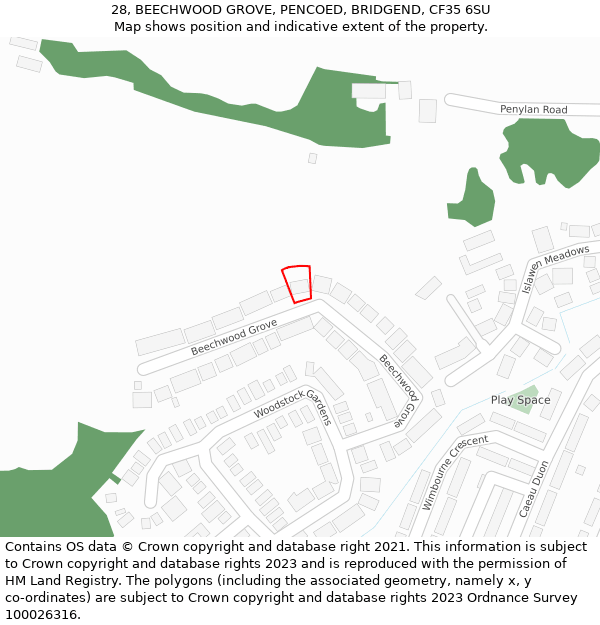 28, BEECHWOOD GROVE, PENCOED, BRIDGEND, CF35 6SU: Location map and indicative extent of plot