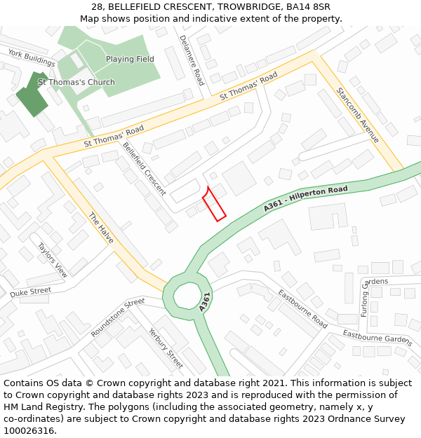 28, BELLEFIELD CRESCENT, TROWBRIDGE, BA14 8SR: Location map and indicative extent of plot