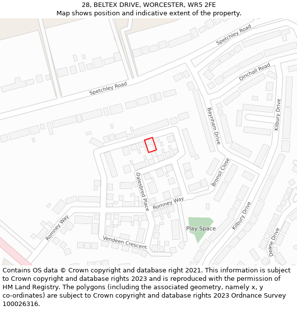 28, BELTEX DRIVE, WORCESTER, WR5 2FE: Location map and indicative extent of plot