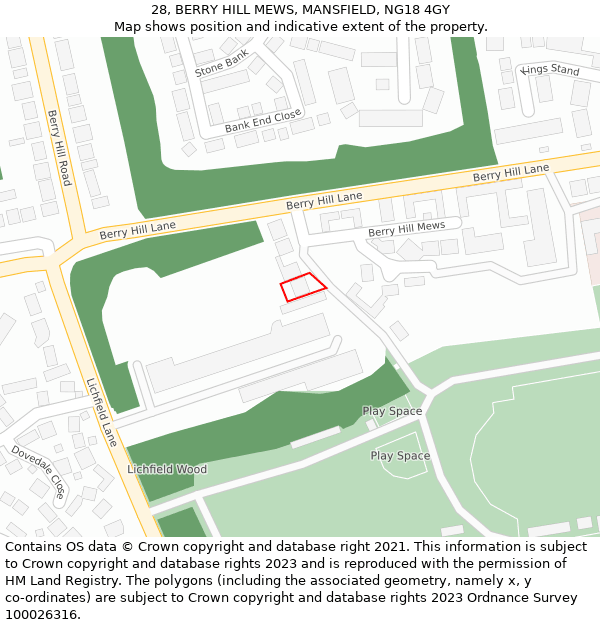 28, BERRY HILL MEWS, MANSFIELD, NG18 4GY: Location map and indicative extent of plot