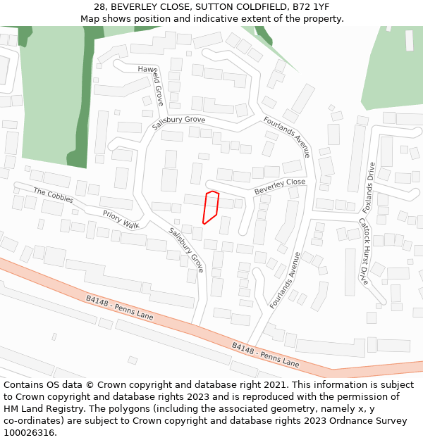 28, BEVERLEY CLOSE, SUTTON COLDFIELD, B72 1YF: Location map and indicative extent of plot