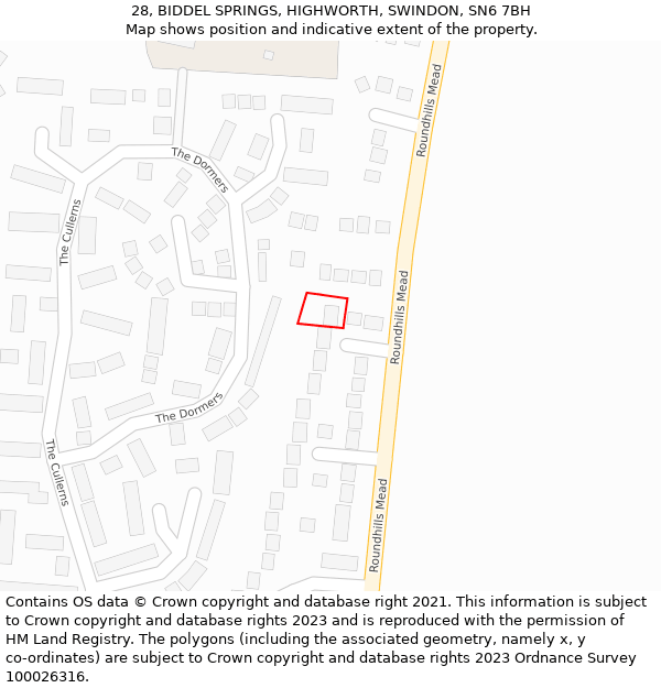 28, BIDDEL SPRINGS, HIGHWORTH, SWINDON, SN6 7BH: Location map and indicative extent of plot