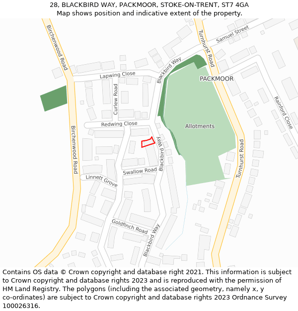 28, BLACKBIRD WAY, PACKMOOR, STOKE-ON-TRENT, ST7 4GA: Location map and indicative extent of plot