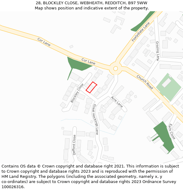 28, BLOCKLEY CLOSE, WEBHEATH, REDDITCH, B97 5WW: Location map and indicative extent of plot