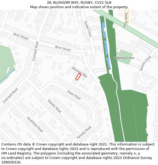 28, BLOSSOM WAY, RUGBY, CV22 5LN: Location map and indicative extent of plot