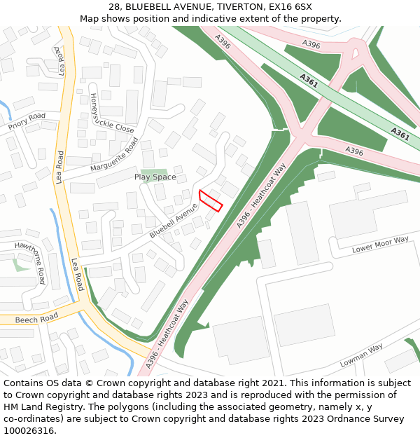 28, BLUEBELL AVENUE, TIVERTON, EX16 6SX: Location map and indicative extent of plot