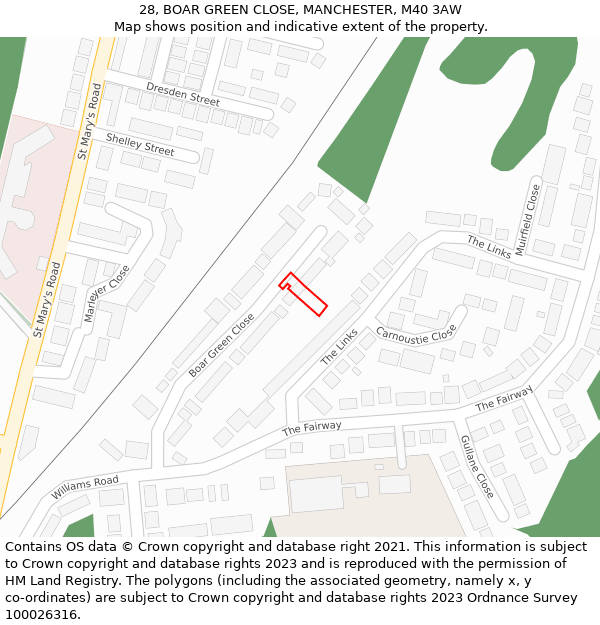 28, BOAR GREEN CLOSE, MANCHESTER, M40 3AW: Location map and indicative extent of plot