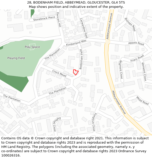 28, BODENHAM FIELD, ABBEYMEAD, GLOUCESTER, GL4 5TS: Location map and indicative extent of plot