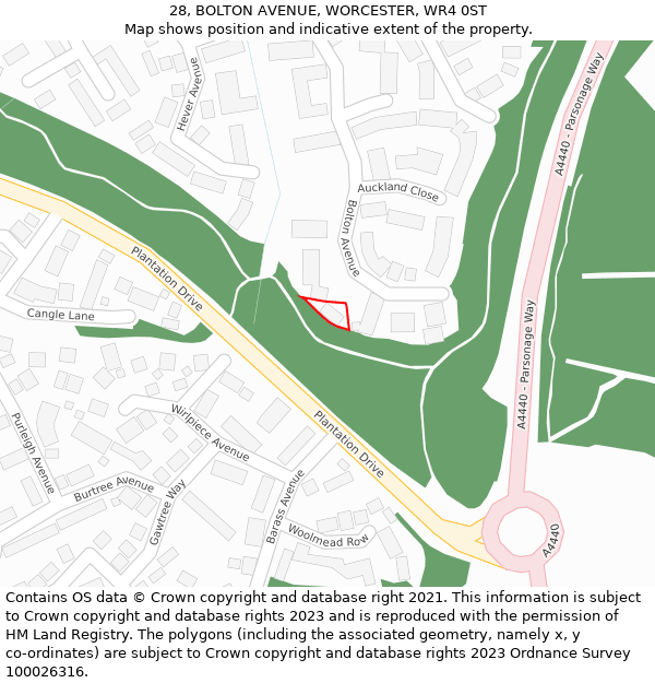 28, BOLTON AVENUE, WORCESTER, WR4 0ST: Location map and indicative extent of plot