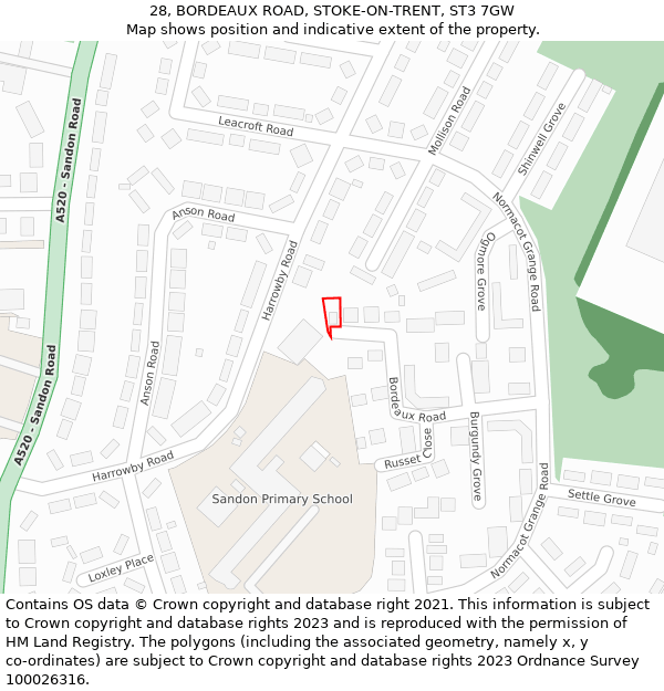 28, BORDEAUX ROAD, STOKE-ON-TRENT, ST3 7GW: Location map and indicative extent of plot