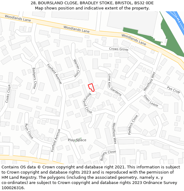 28, BOURSLAND CLOSE, BRADLEY STOKE, BRISTOL, BS32 0DE: Location map and indicative extent of plot