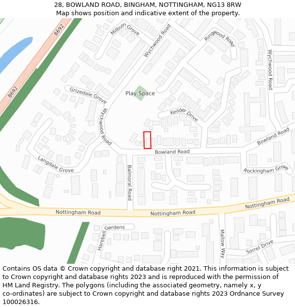 28, BOWLAND ROAD, BINGHAM, NOTTINGHAM, NG13 8RW: Location map and indicative extent of plot