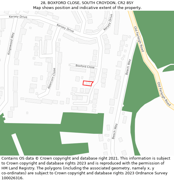28, BOXFORD CLOSE, SOUTH CROYDON, CR2 8SY: Location map and indicative extent of plot
