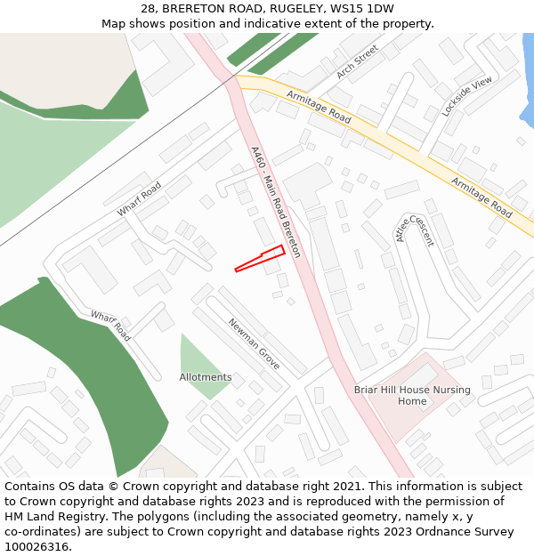 28, BRERETON ROAD, RUGELEY, WS15 1DW: Location map and indicative extent of plot
