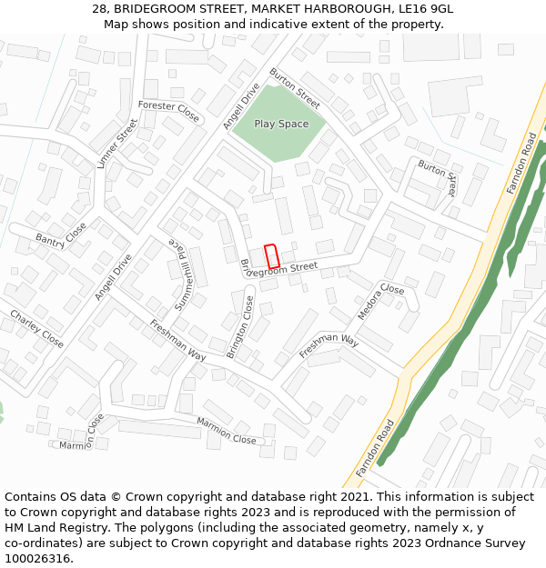 28, BRIDEGROOM STREET, MARKET HARBOROUGH, LE16 9GL: Location map and indicative extent of plot