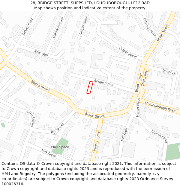 28, BRIDGE STREET, SHEPSHED, LOUGHBOROUGH, LE12 9AD: Location map and indicative extent of plot