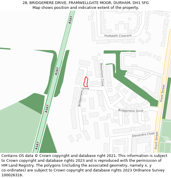 28, BRIDGEMERE DRIVE, FRAMWELLGATE MOOR, DURHAM, DH1 5FG: Location map and indicative extent of plot