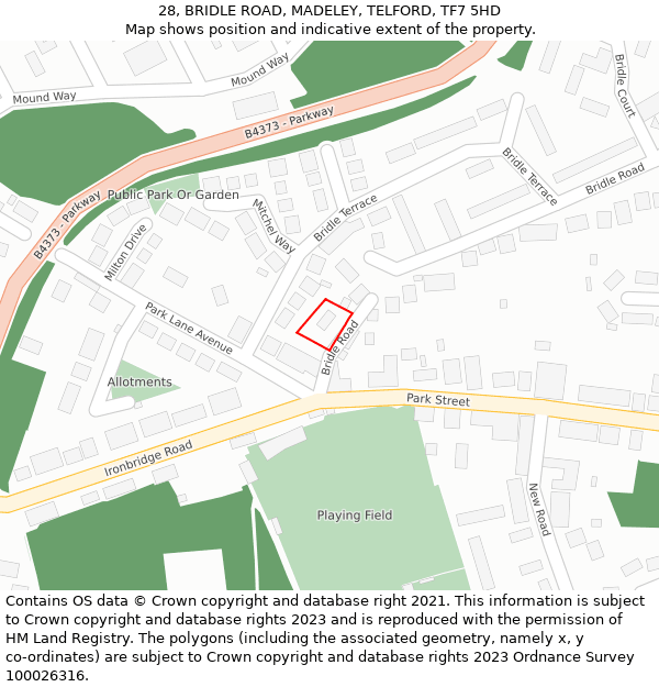 28, BRIDLE ROAD, MADELEY, TELFORD, TF7 5HD: Location map and indicative extent of plot