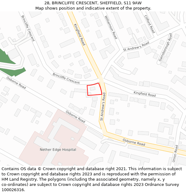 28, BRINCLIFFE CRESCENT, SHEFFIELD, S11 9AW: Location map and indicative extent of plot