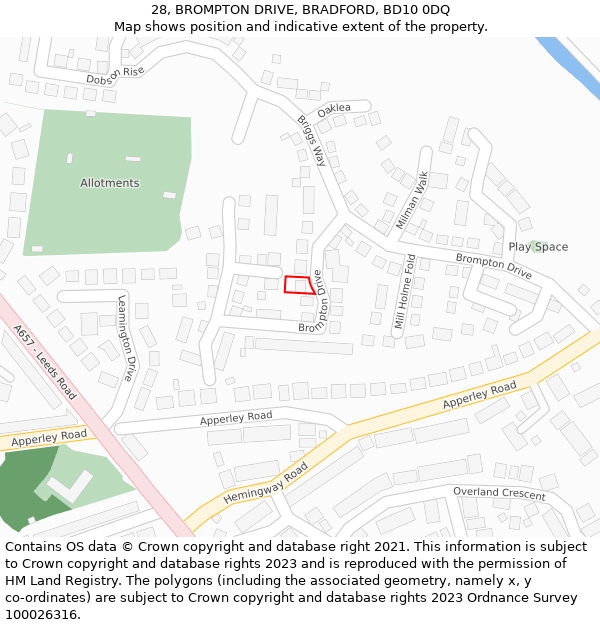 28, BROMPTON DRIVE, BRADFORD, BD10 0DQ: Location map and indicative extent of plot