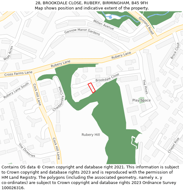 28, BROOKDALE CLOSE, RUBERY, BIRMINGHAM, B45 9FH: Location map and indicative extent of plot