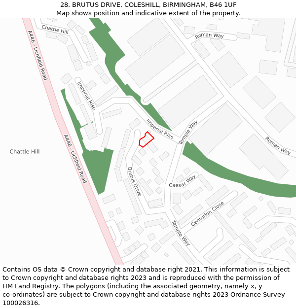 28, BRUTUS DRIVE, COLESHILL, BIRMINGHAM, B46 1UF: Location map and indicative extent of plot