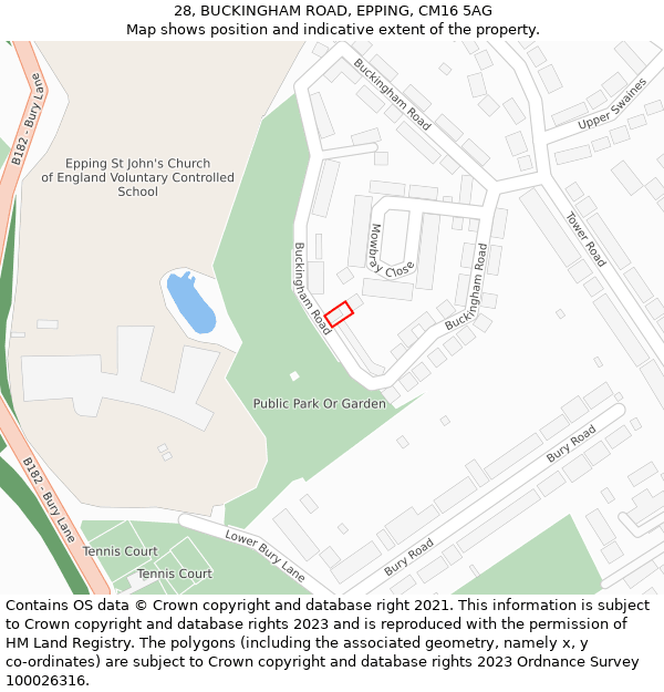 28, BUCKINGHAM ROAD, EPPING, CM16 5AG: Location map and indicative extent of plot